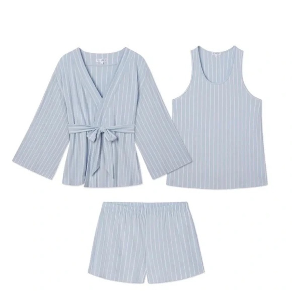 Lake Pajamas DreamModal Kimono Shorts 3 Piece Set in Fog Vertical Strip, XS